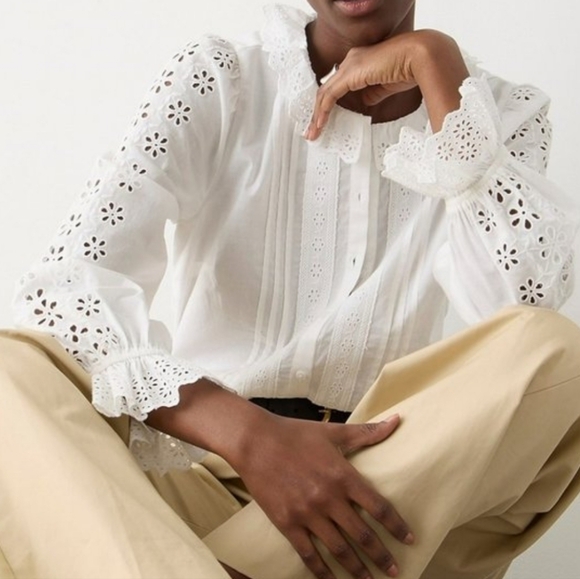 J. Crew Black Eyelet Lace-Trim Button Front Blouse - Picture 2 of 12